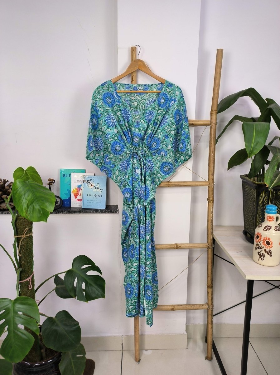 block-printed Cotton Kaftan Dress in green blue floral