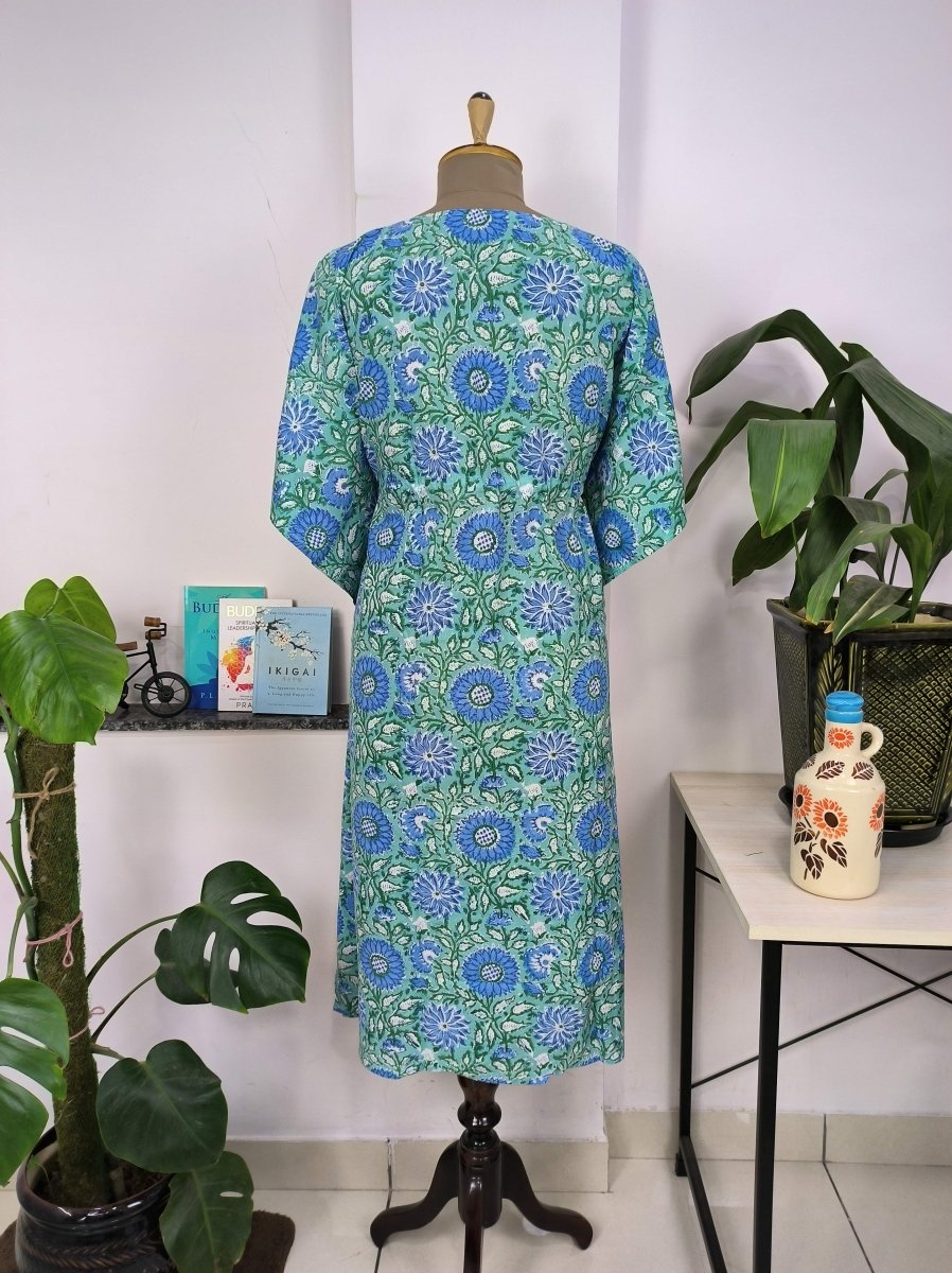 block-printed Cotton Kaftan Dress in green blue floral