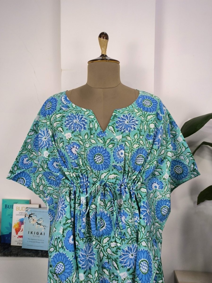 block-printed Cotton Kaftan Dress in green blue floral