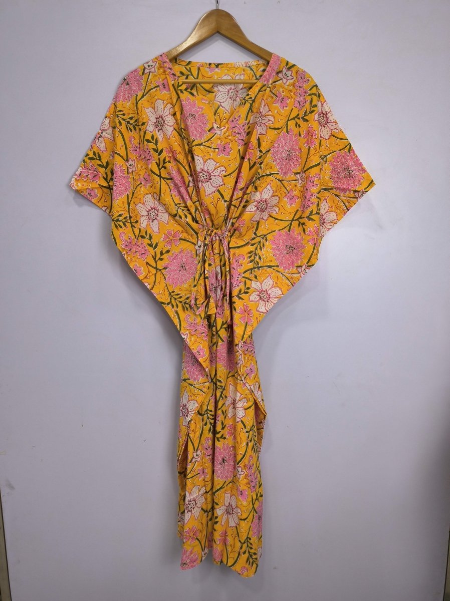 block-printed Cotton Kaftan Dress in botanical