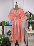 block-printed Cotton Kaftan Dress in orange botanical