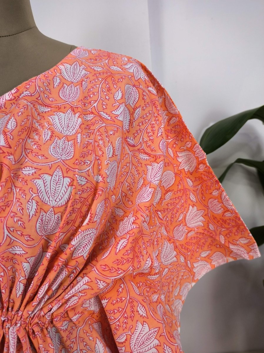 block-printed Cotton Kaftan Dress in orange botanical