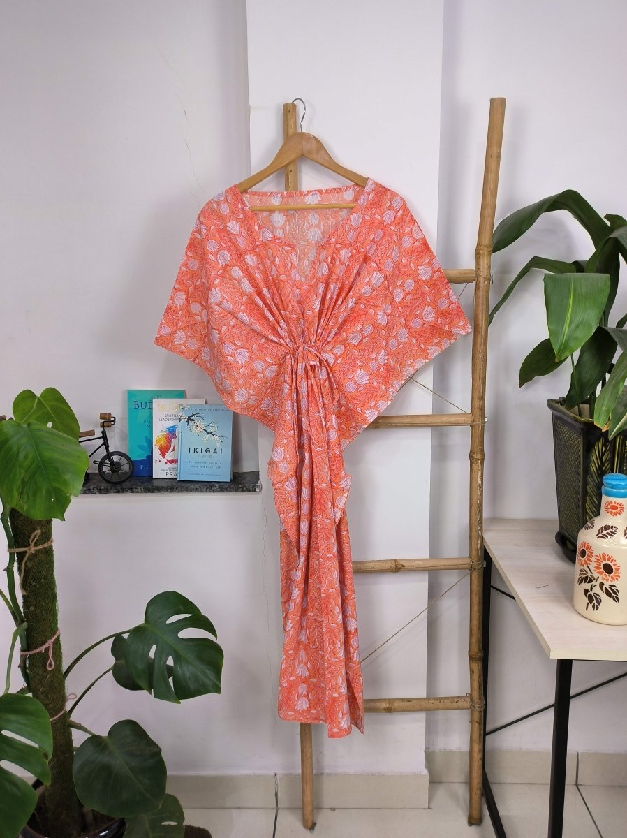 block-printed Cotton Kaftan Dress in orange botanical