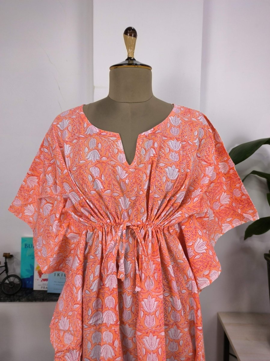 block-printed Cotton Kaftan Dress in orange botanical