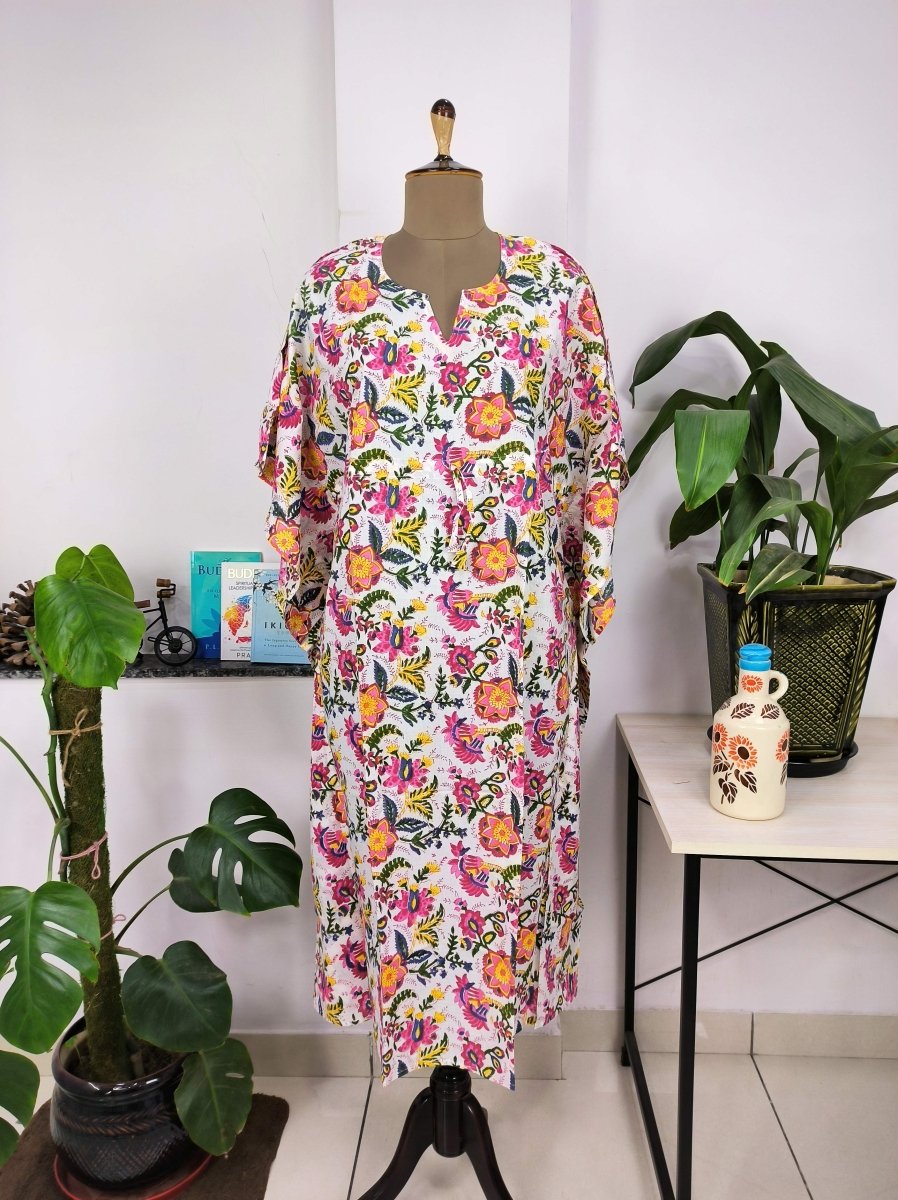 block-printed Cotton Kaftan Dress in white pink floral