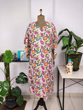 block-printed Cotton Kaftan Dress in white pink floral