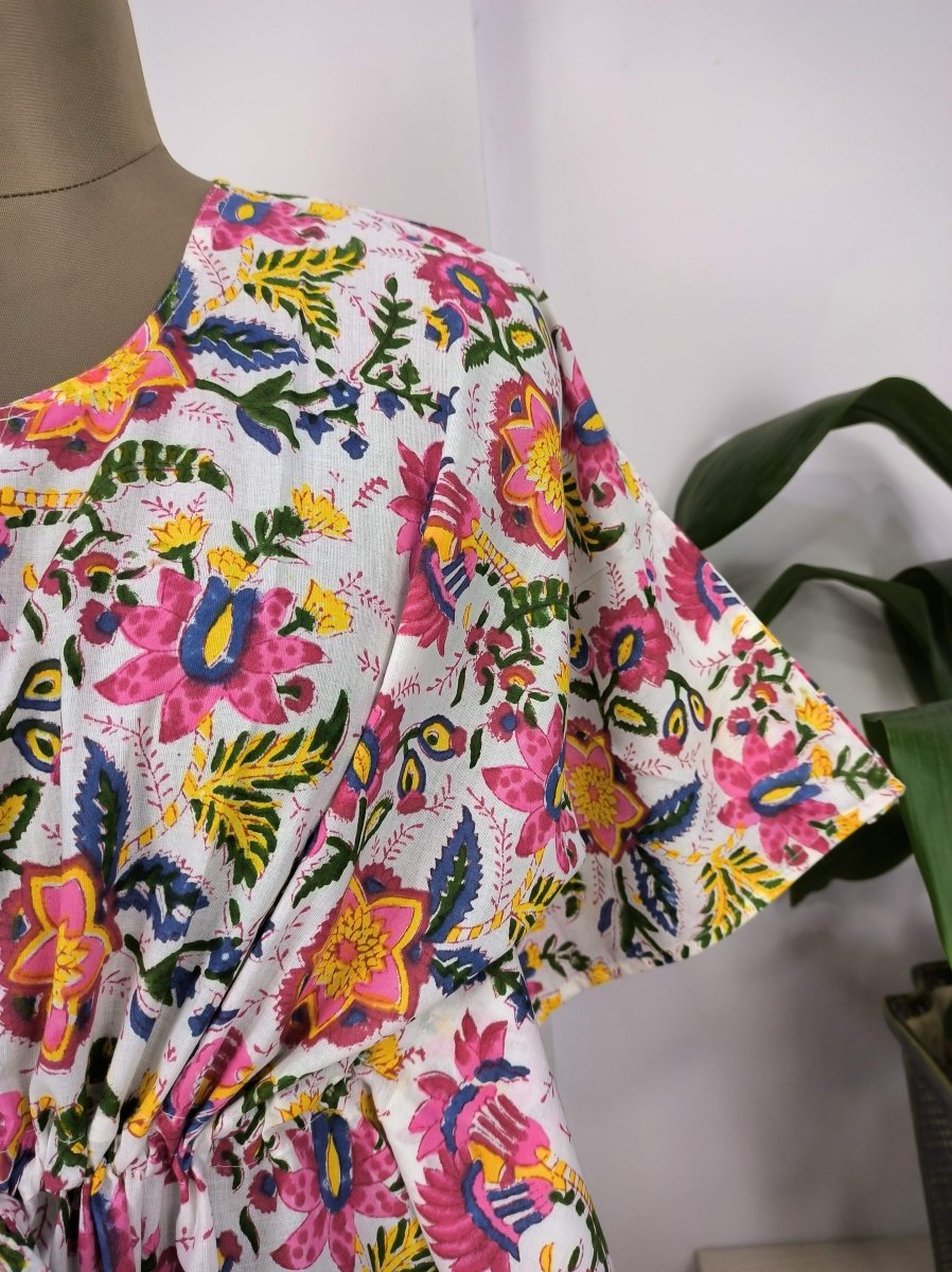 block-printed Cotton Kaftan Dress in white pink floral