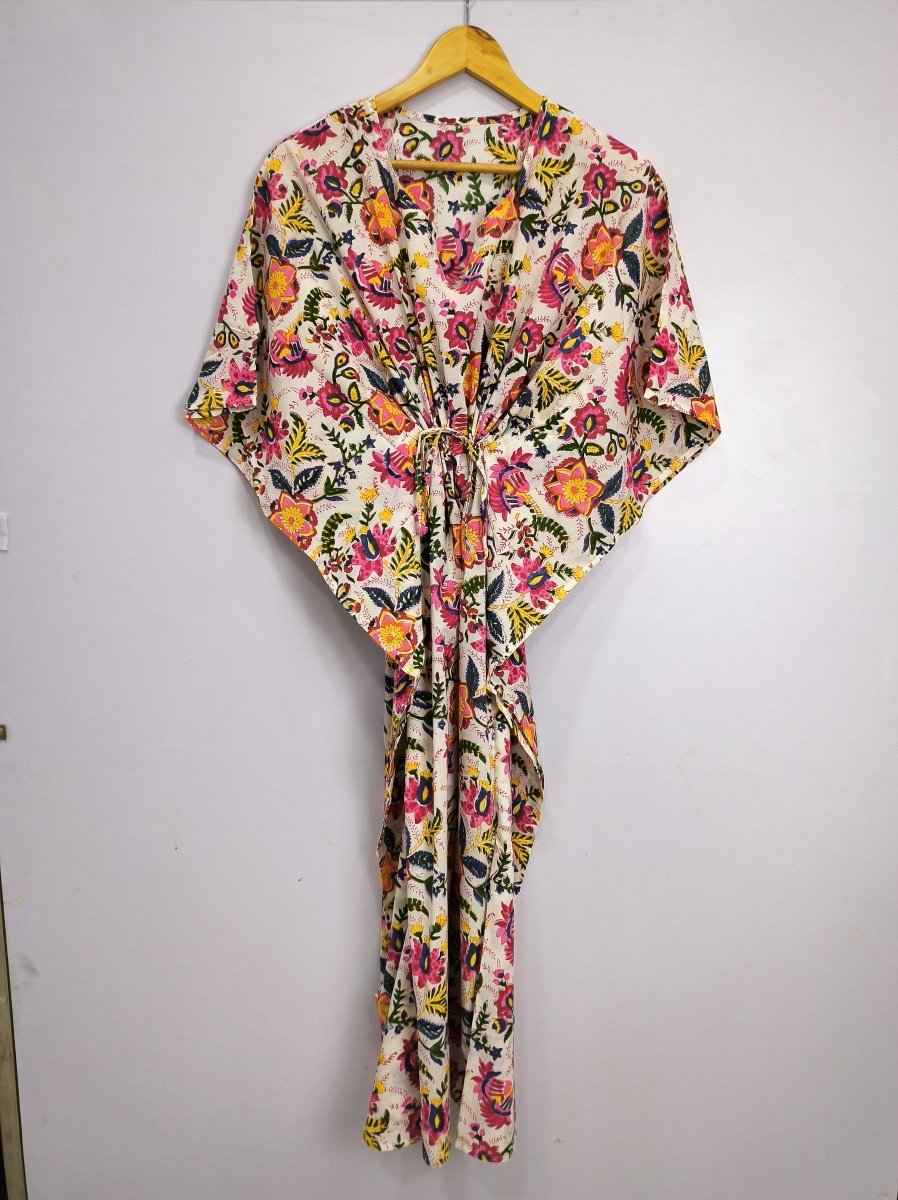 block-printed Cotton Kaftan Dress in white pink floral