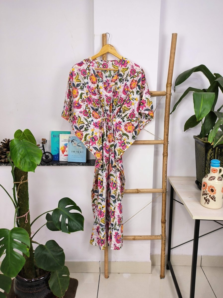 block-printed Cotton Kaftan Dress in white pink floral