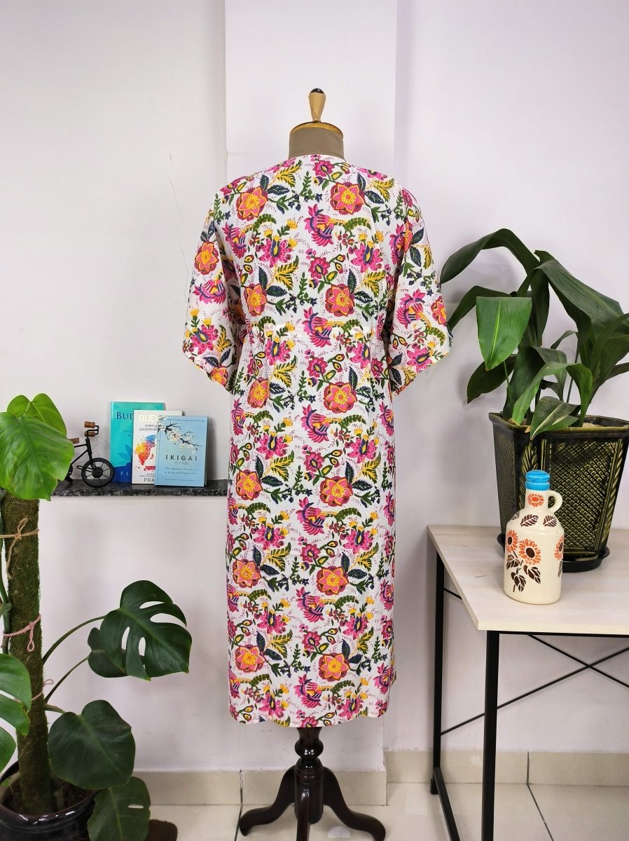 block-printed Cotton Kaftan Dress in white pink floral