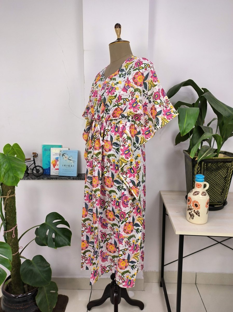 block-printed Cotton Kaftan Dress in white pink floral