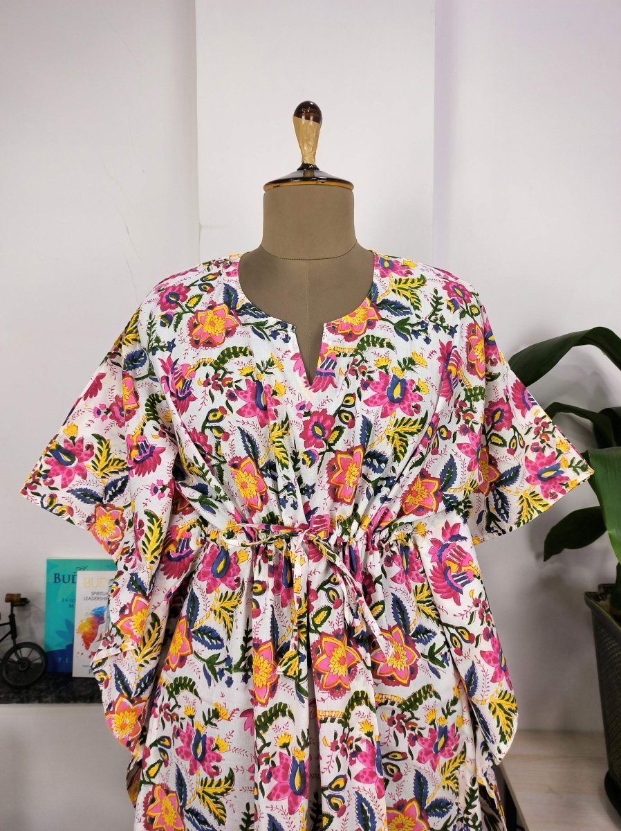 block-printed Cotton Kaftan Dress in white pink floral