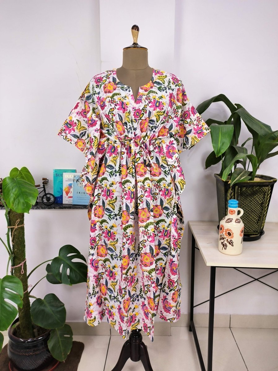 block-printed Cotton Kaftan Dress in white pink floral