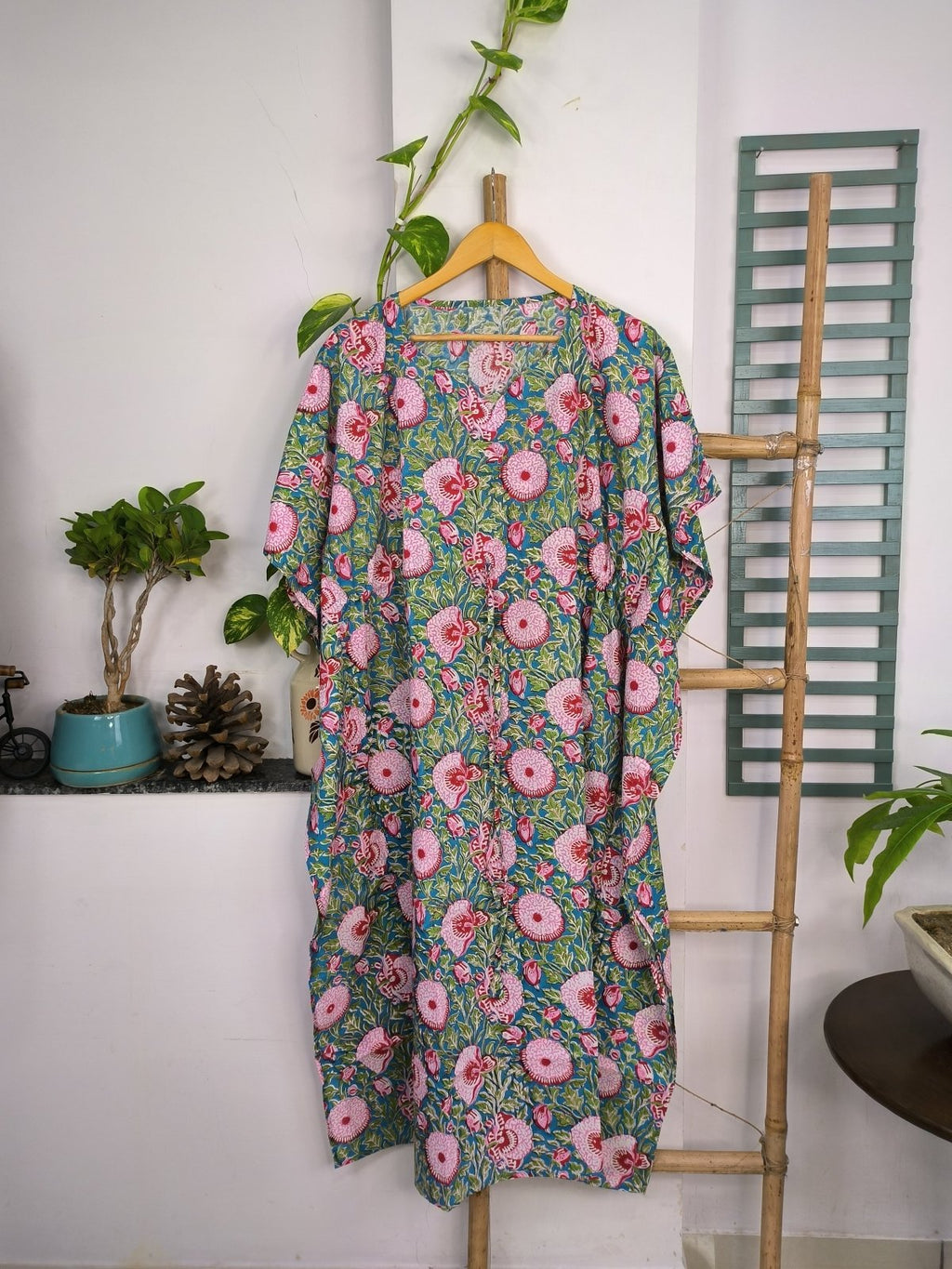 block-printed Cotton Kaftan Dress in aqua blue floral