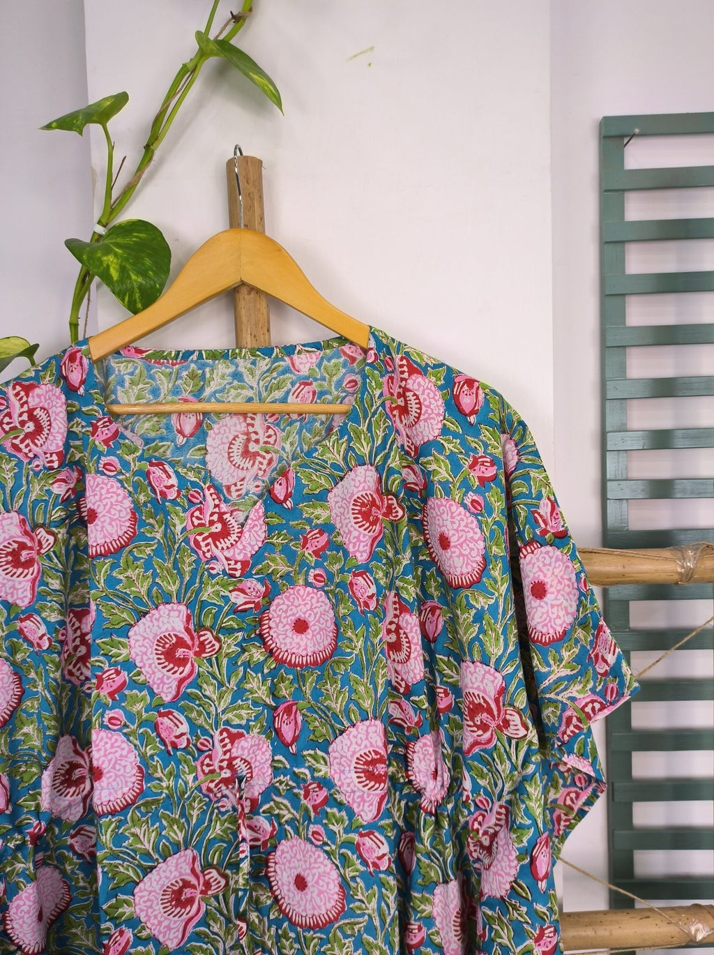 block-printed Cotton Kaftan Dress in aqua blue floral