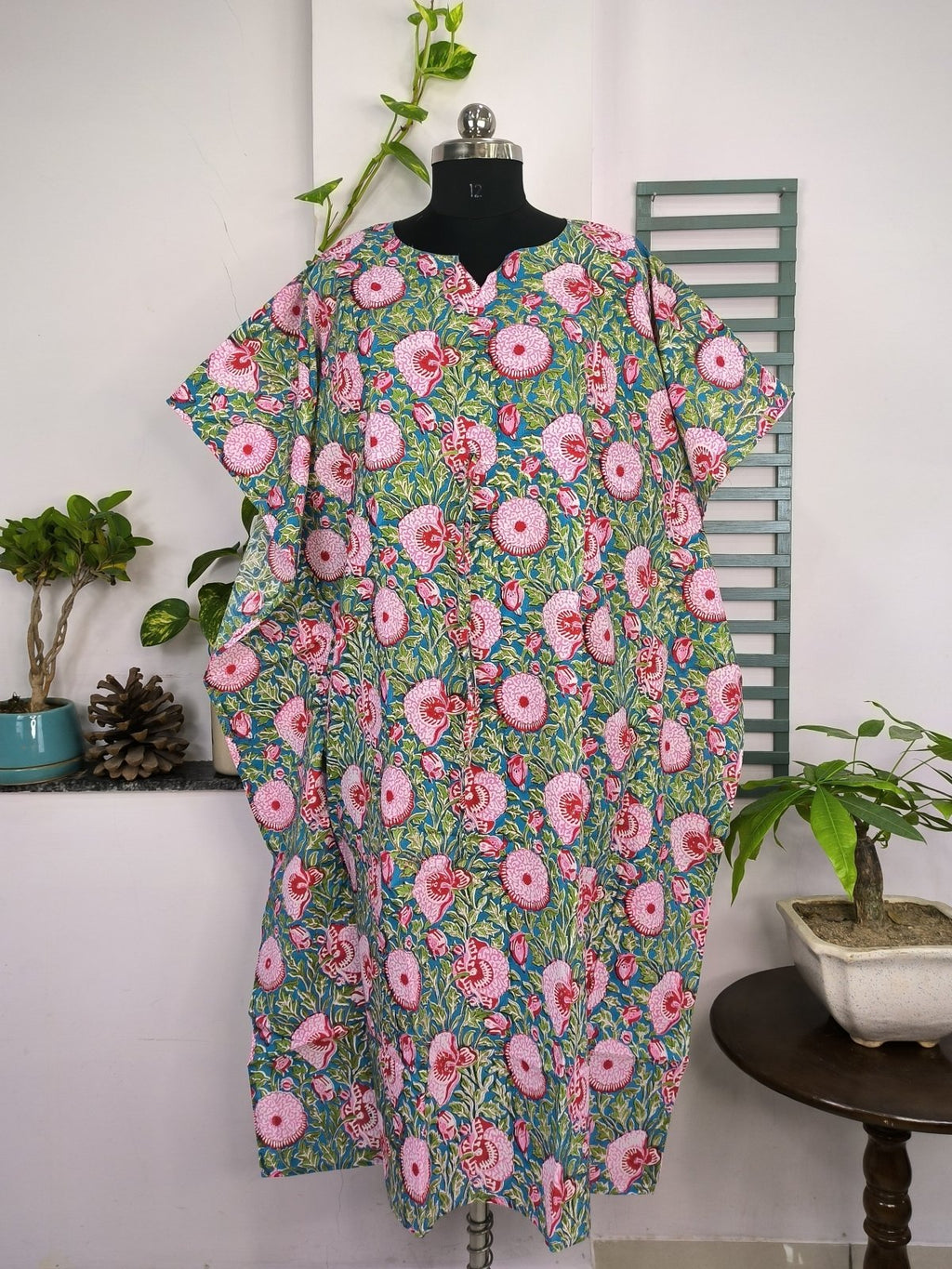block-printed Cotton Kaftan Dress in aqua blue floral