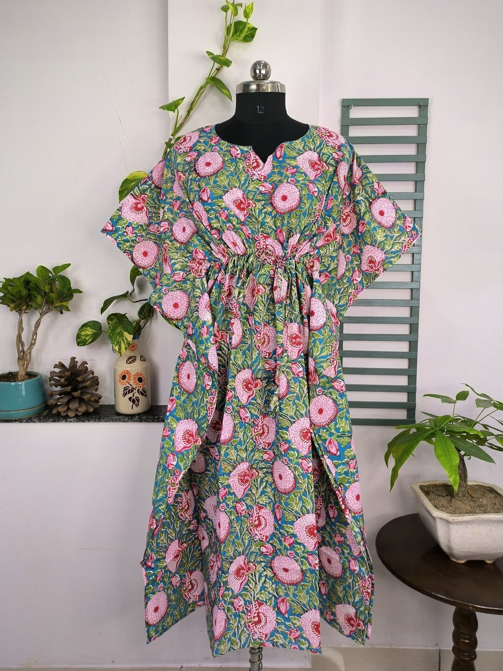 block-printed Cotton Kaftan Dress in aqua blue floral