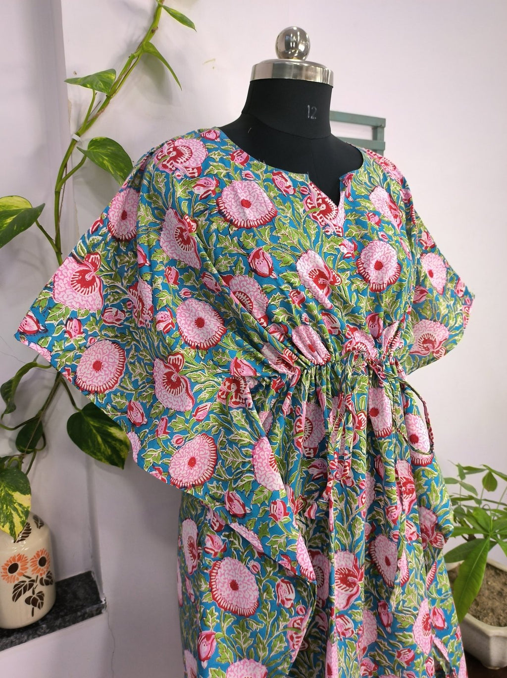 block-printed Cotton Kaftan Dress in aqua blue floral