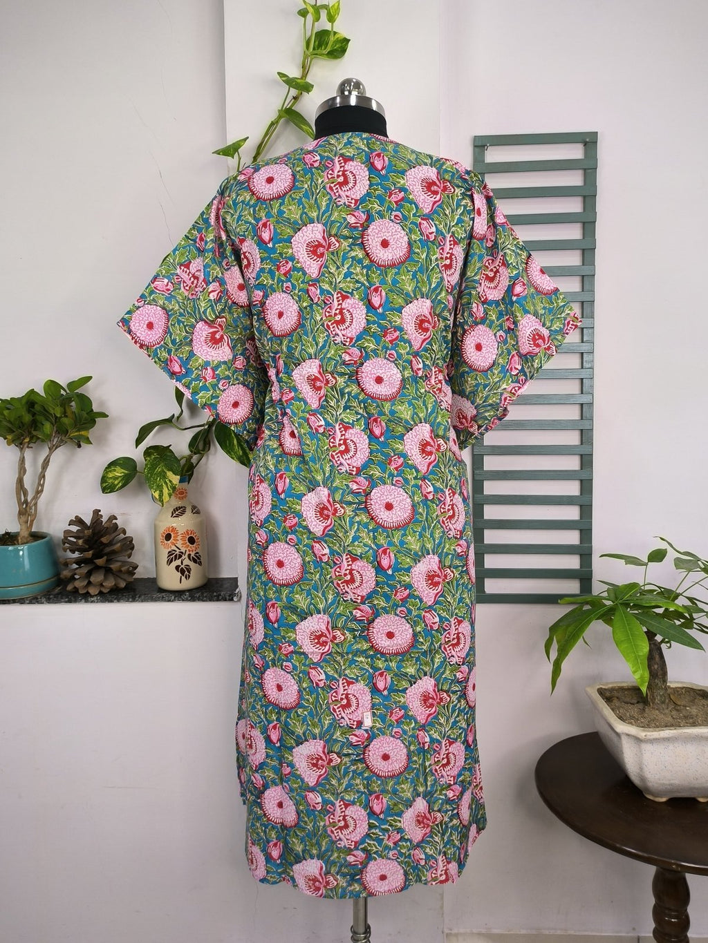 block-printed Cotton Kaftan Dress in aqua blue floral