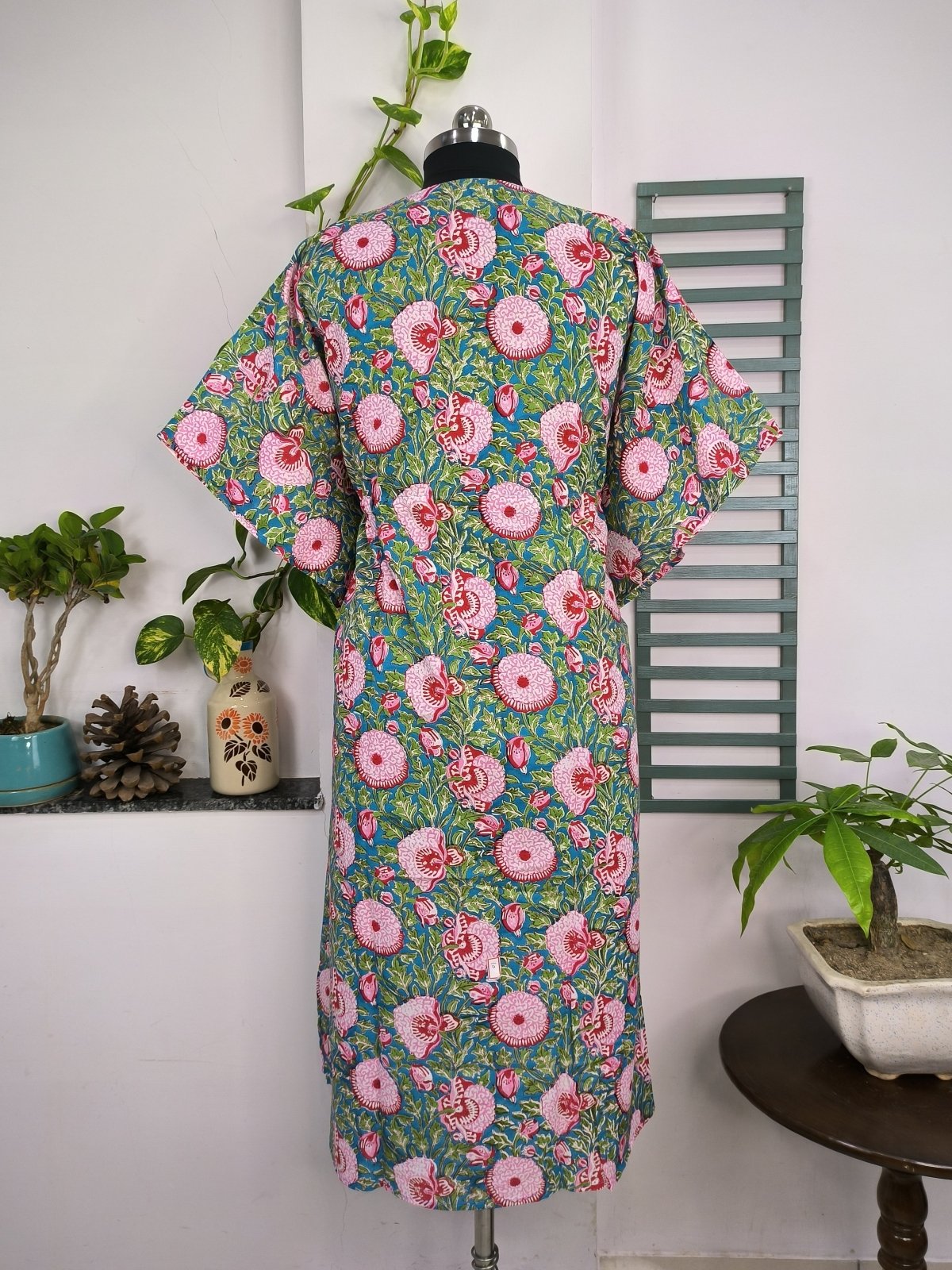 block-printed Cotton Kaftan Dress in aqua blue floral