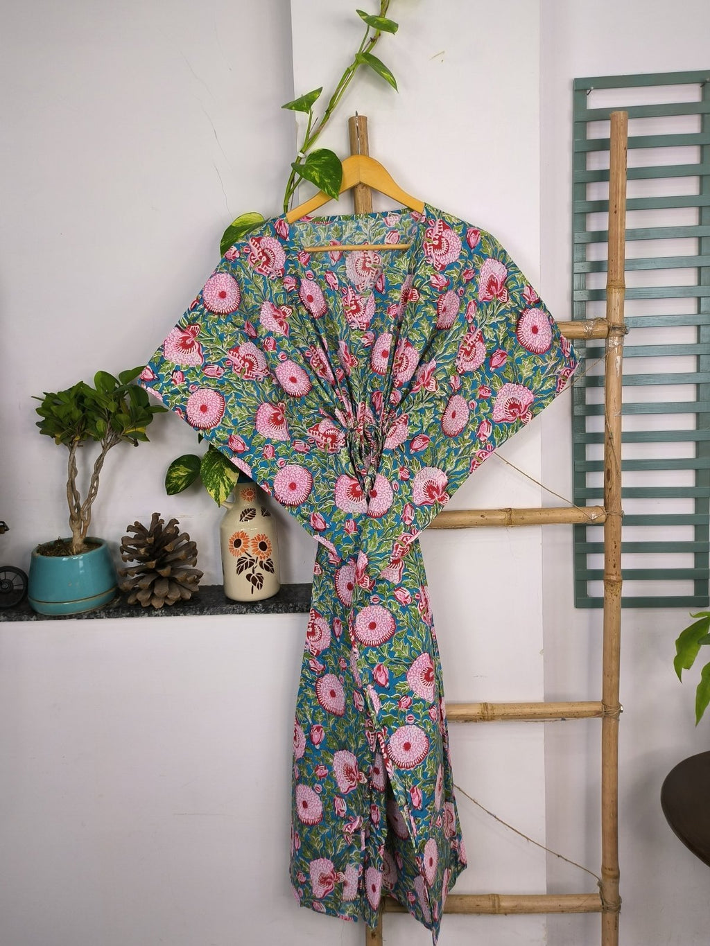 block-printed Cotton Kaftan Dress in aqua blue floral