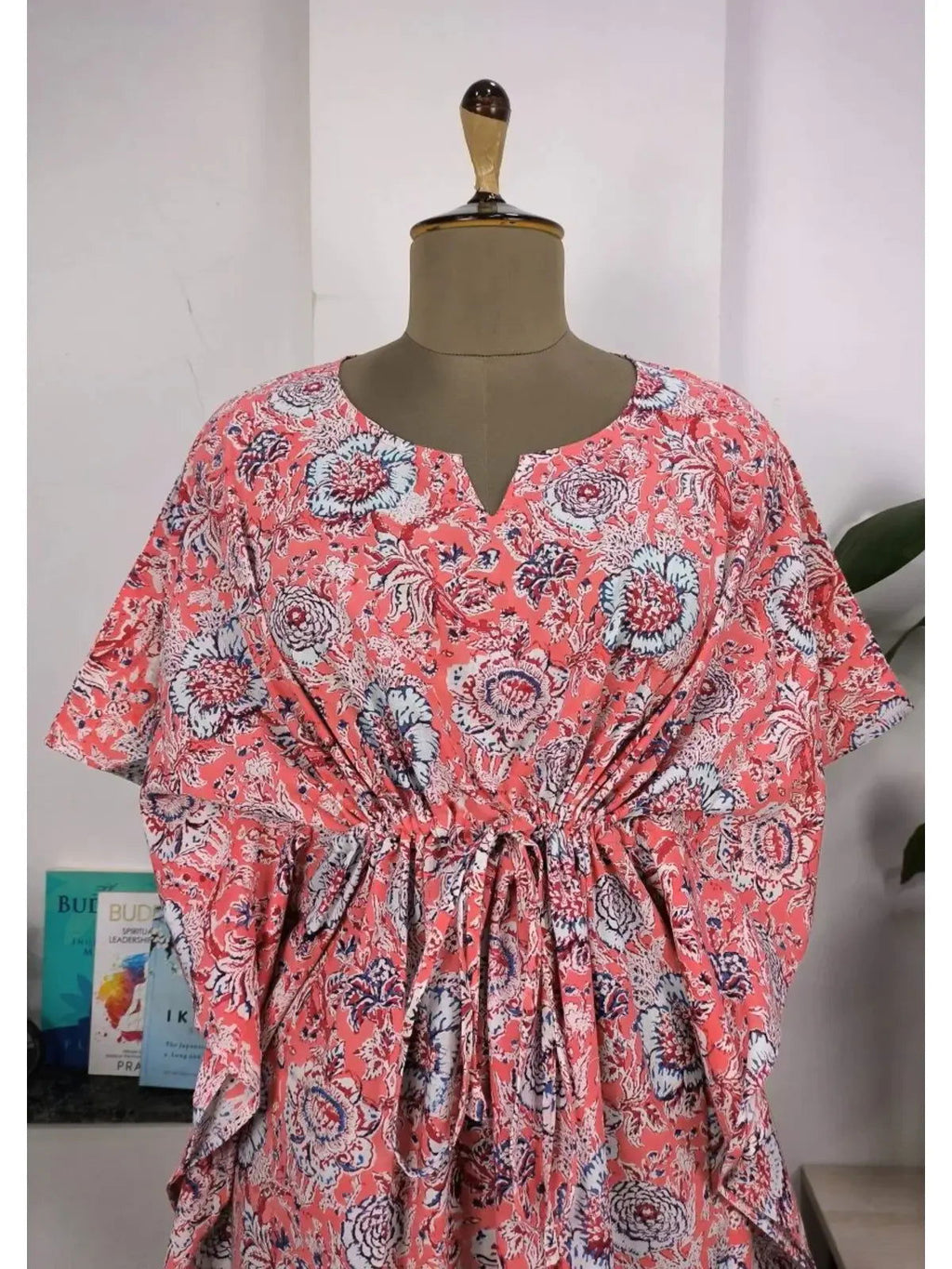 block-printed Cotton Kaftan Dress in pink botanical