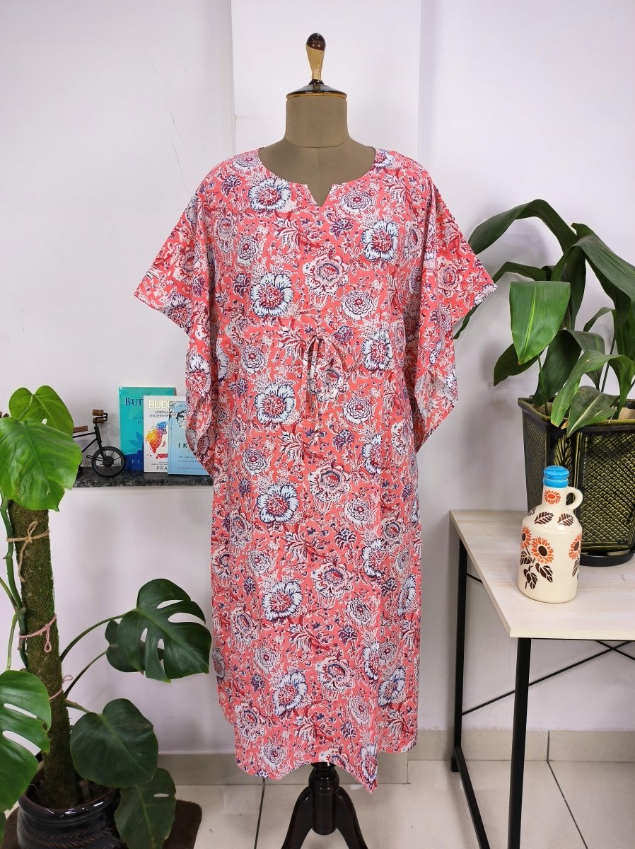 block-printed Cotton Kaftan Dress in pink botanical