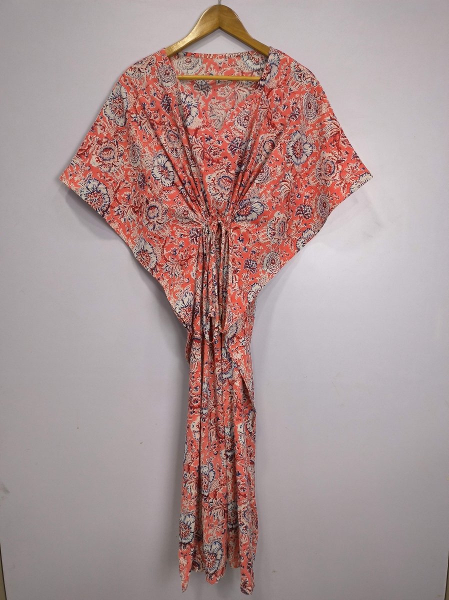 block-printed Cotton Kaftan Dress in pink botanical