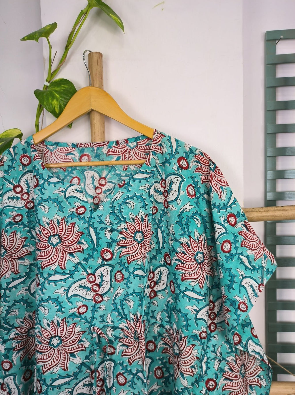 block-printed Cotton Kaftan Dress in lotus