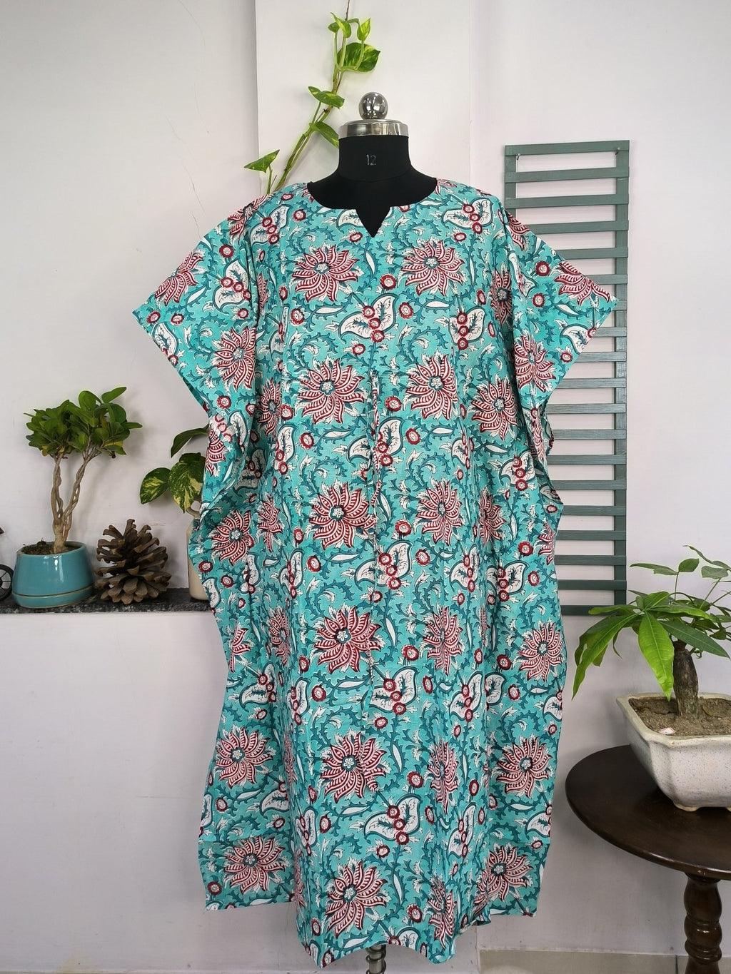 block-printed Cotton Kaftan Dress in lotus