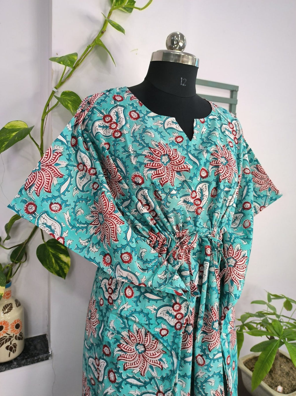 block-printed Cotton Kaftan Dress in lotus