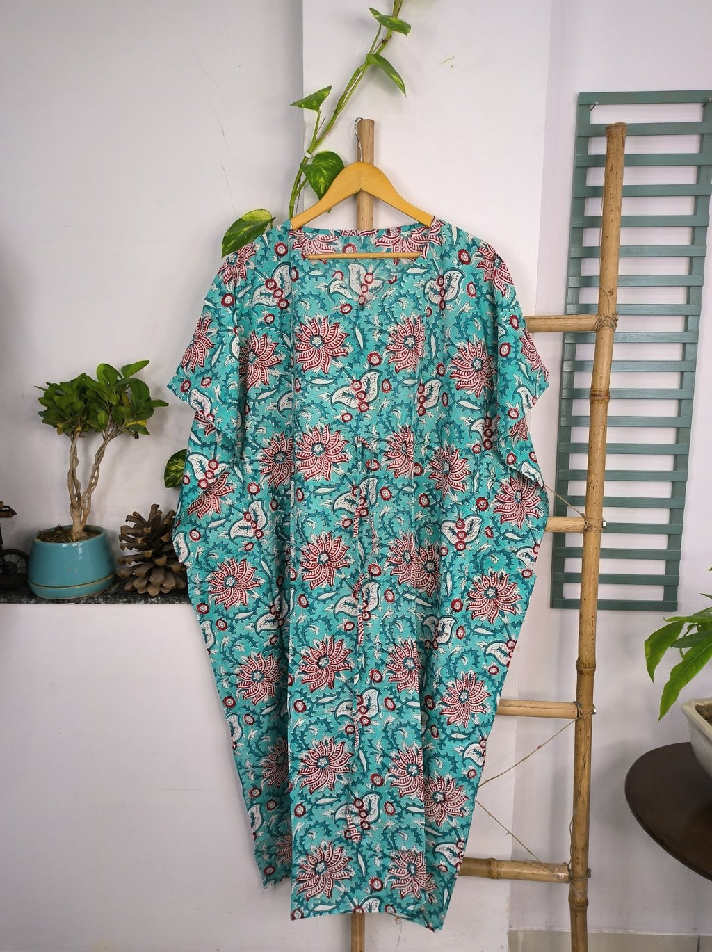 block-printed Cotton Kaftan Dress in lotus