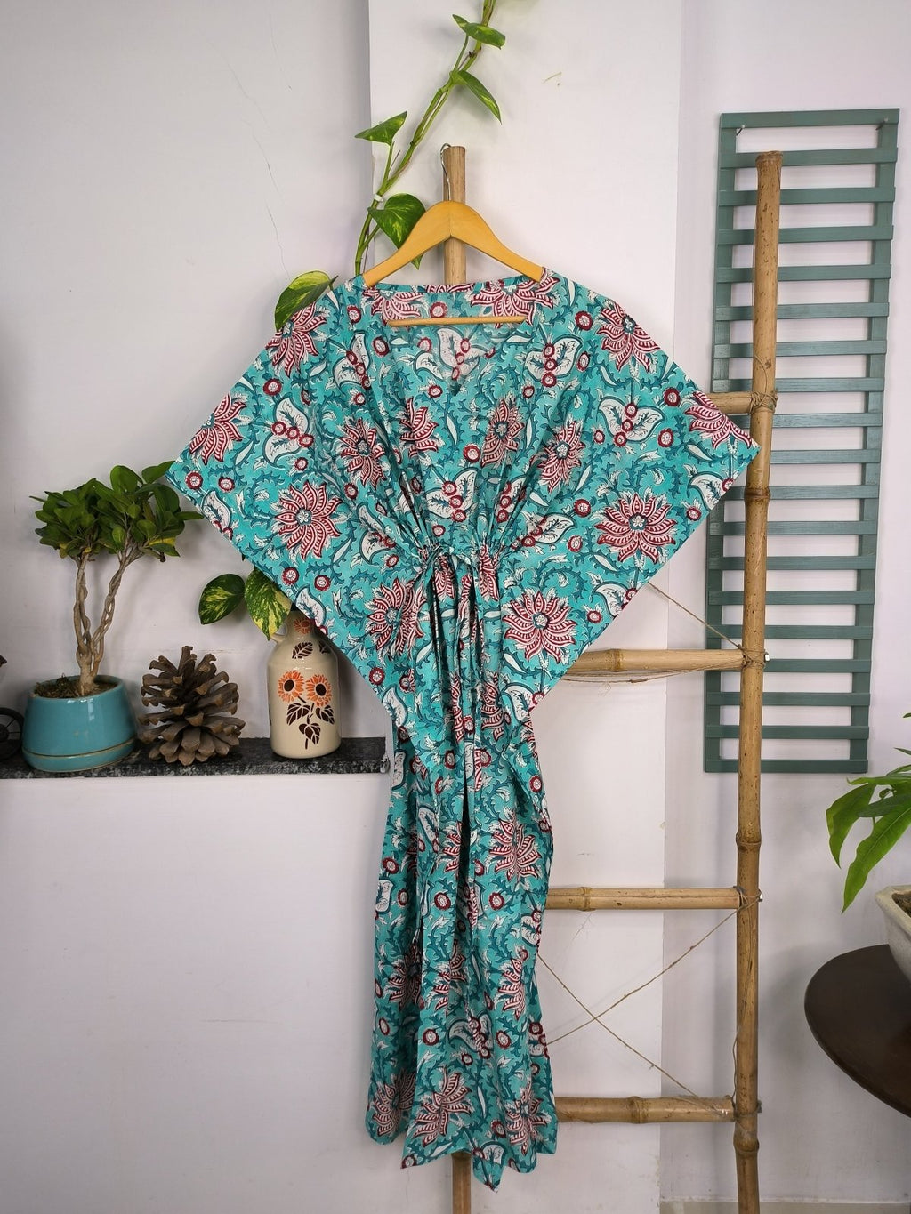 block-printed Cotton Kaftan Dress in lotus