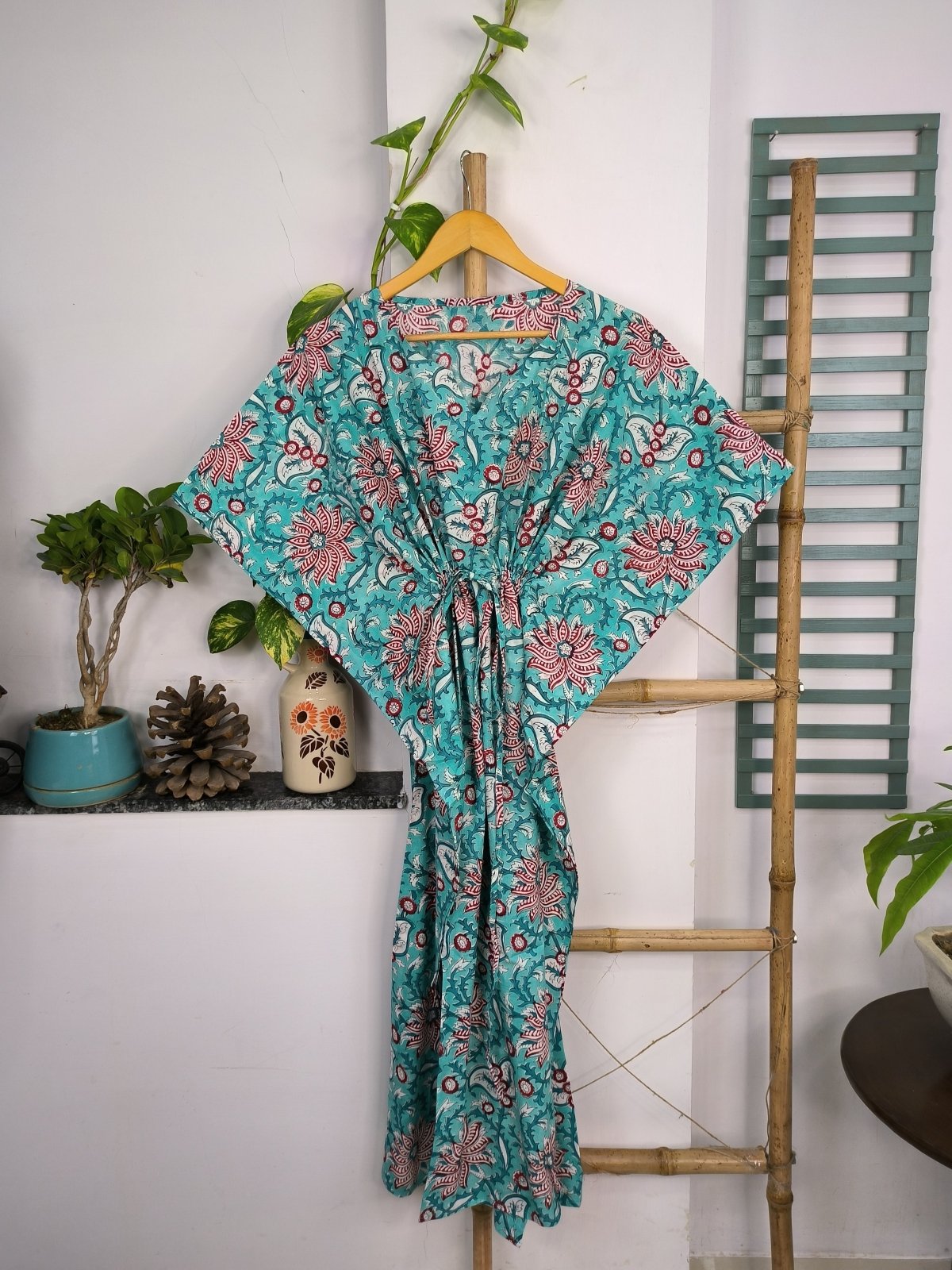 block-printed Cotton Kaftan Dress in lotus
