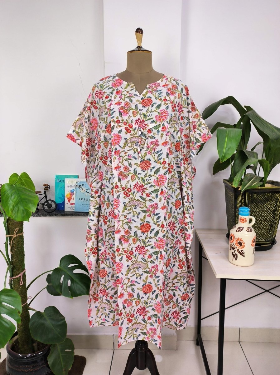 block-printed Cotton Kaftan Dress in white pink floral