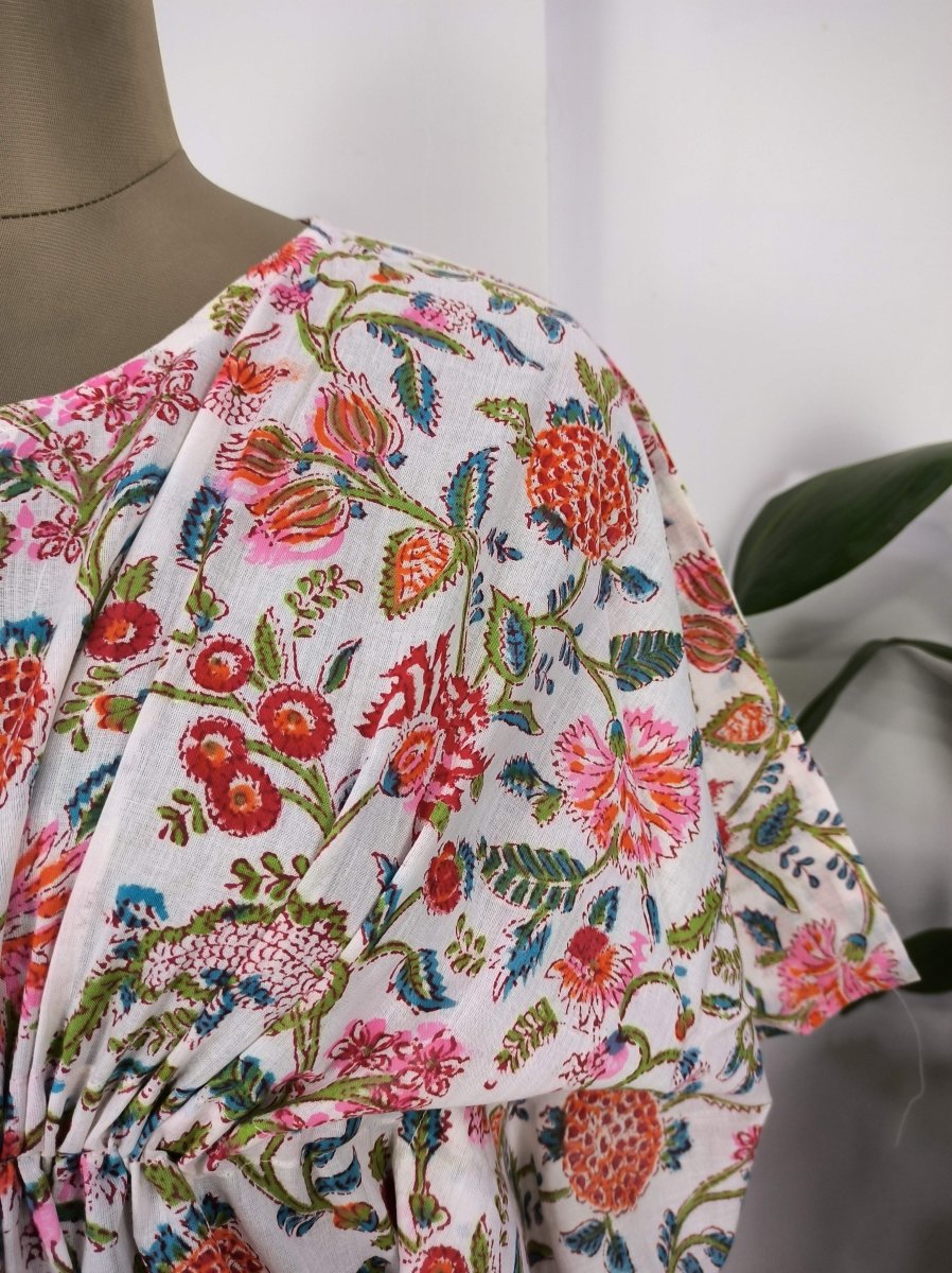block-printed Cotton Kaftan Dress in white pink floral