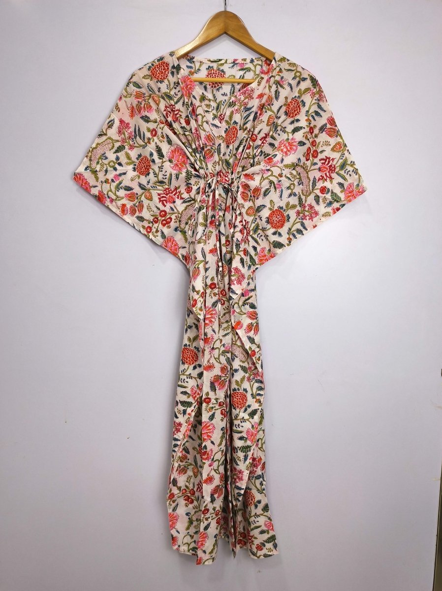 block-printed Cotton Kaftan Dress in white pink floral