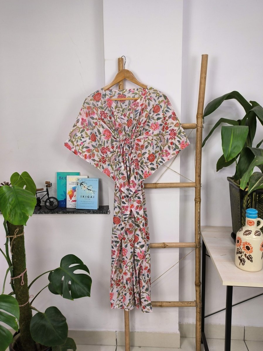 block-printed Cotton Kaftan Dress in white pink floral