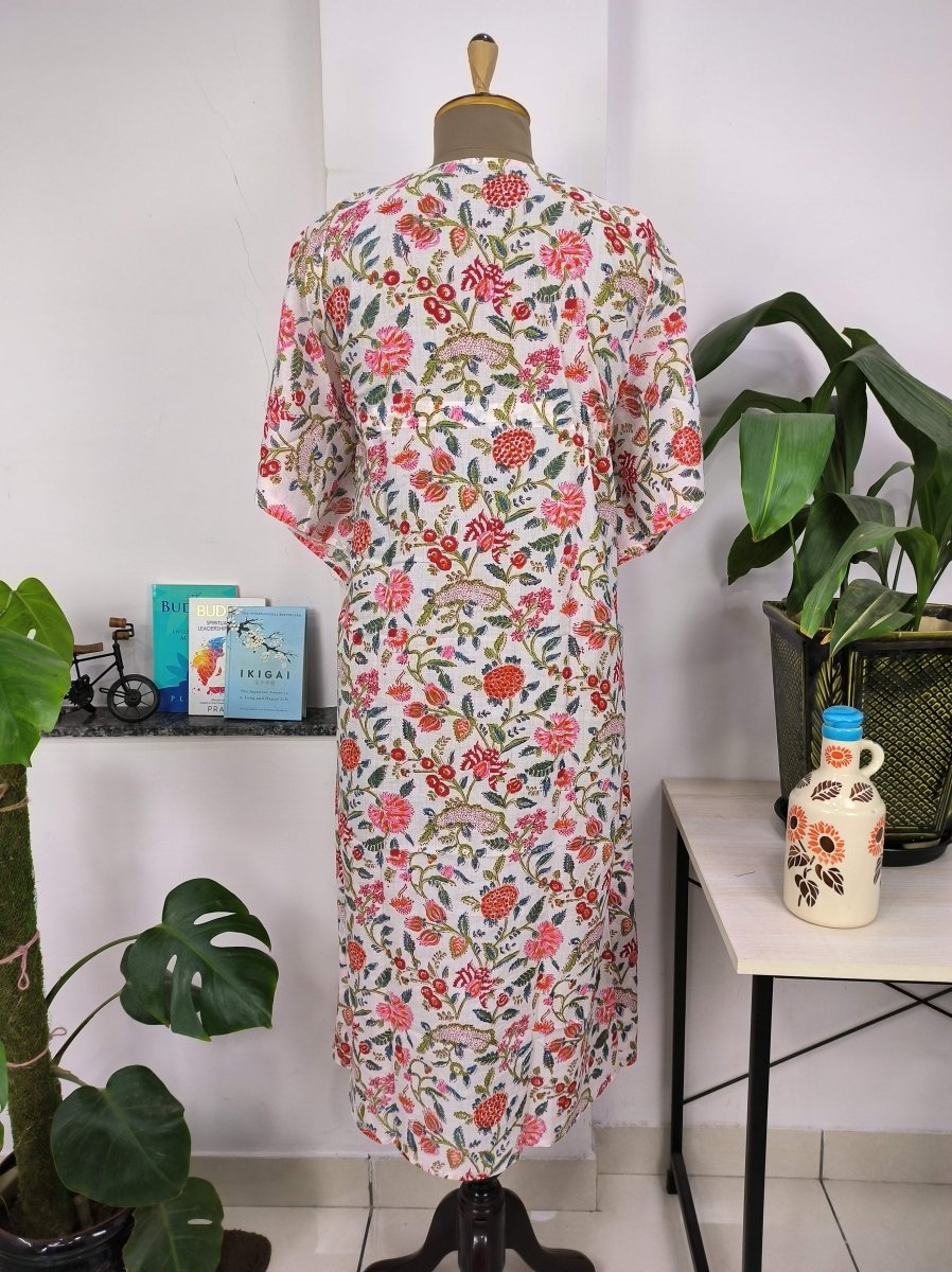 block-printed Cotton Kaftan Dress in white pink floral