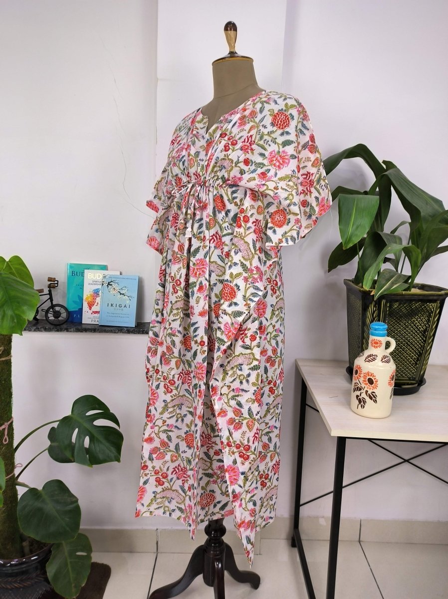 block-printed Cotton Kaftan Dress in white pink floral