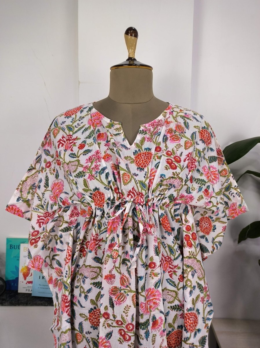 block-printed Cotton Kaftan Dress in white pink floral