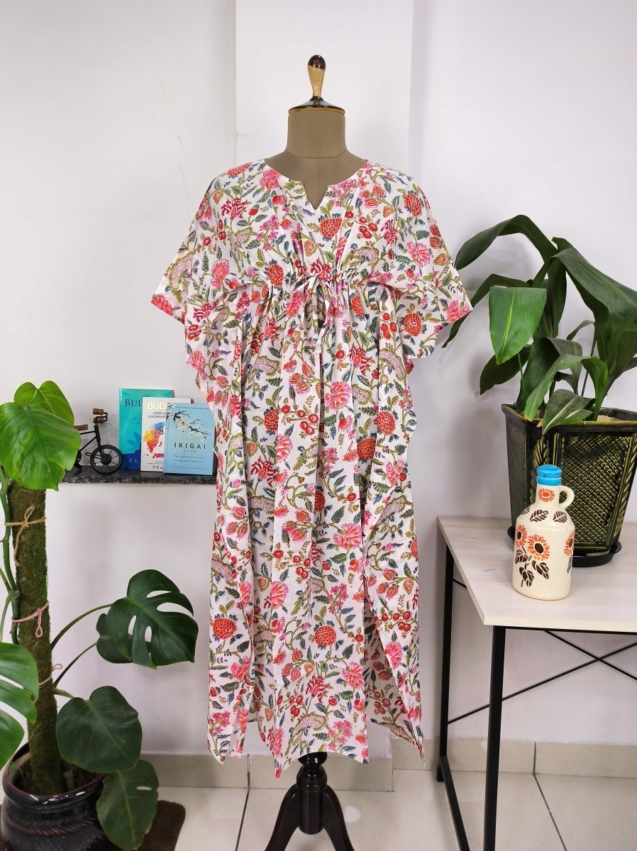 block-printed Cotton Kaftan Dress in white pink floral
