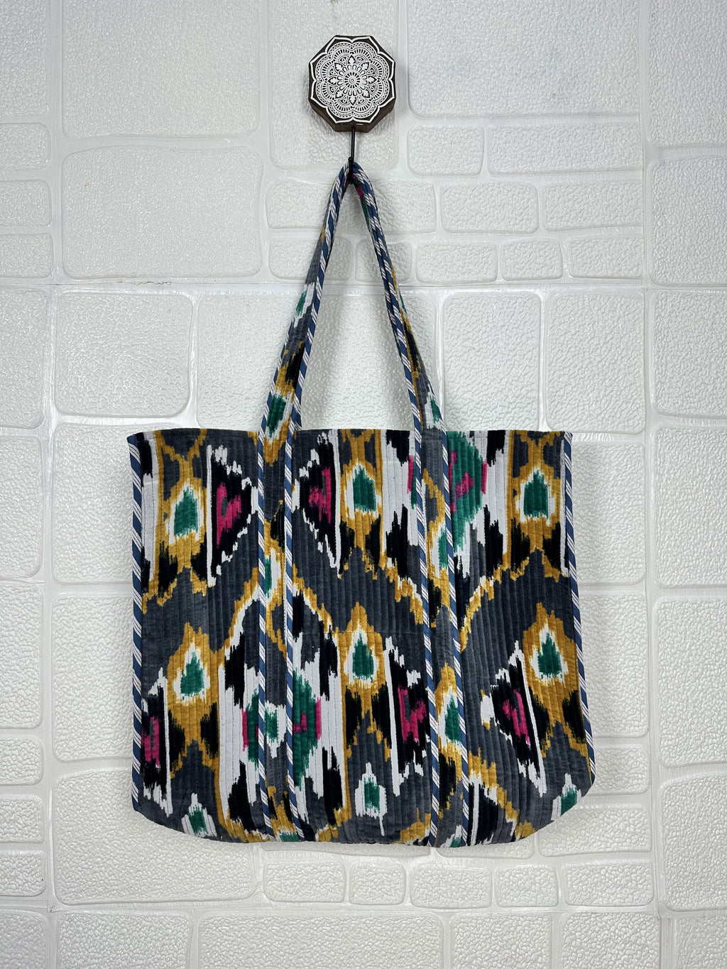 reversible Velvet & Cotton Tote Bag in ochre