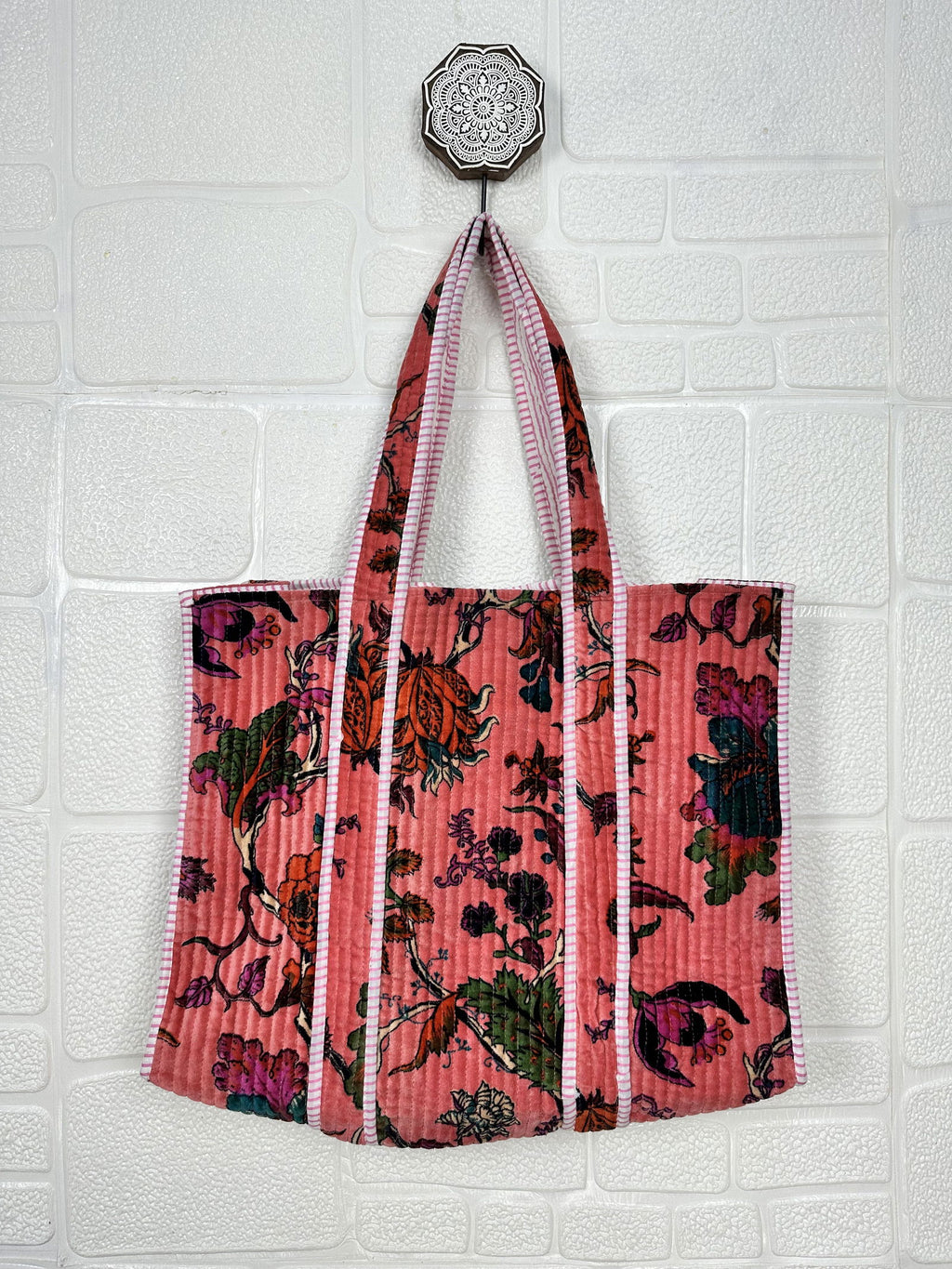 reversible Velvet & Cotton Tote Bag in ochre