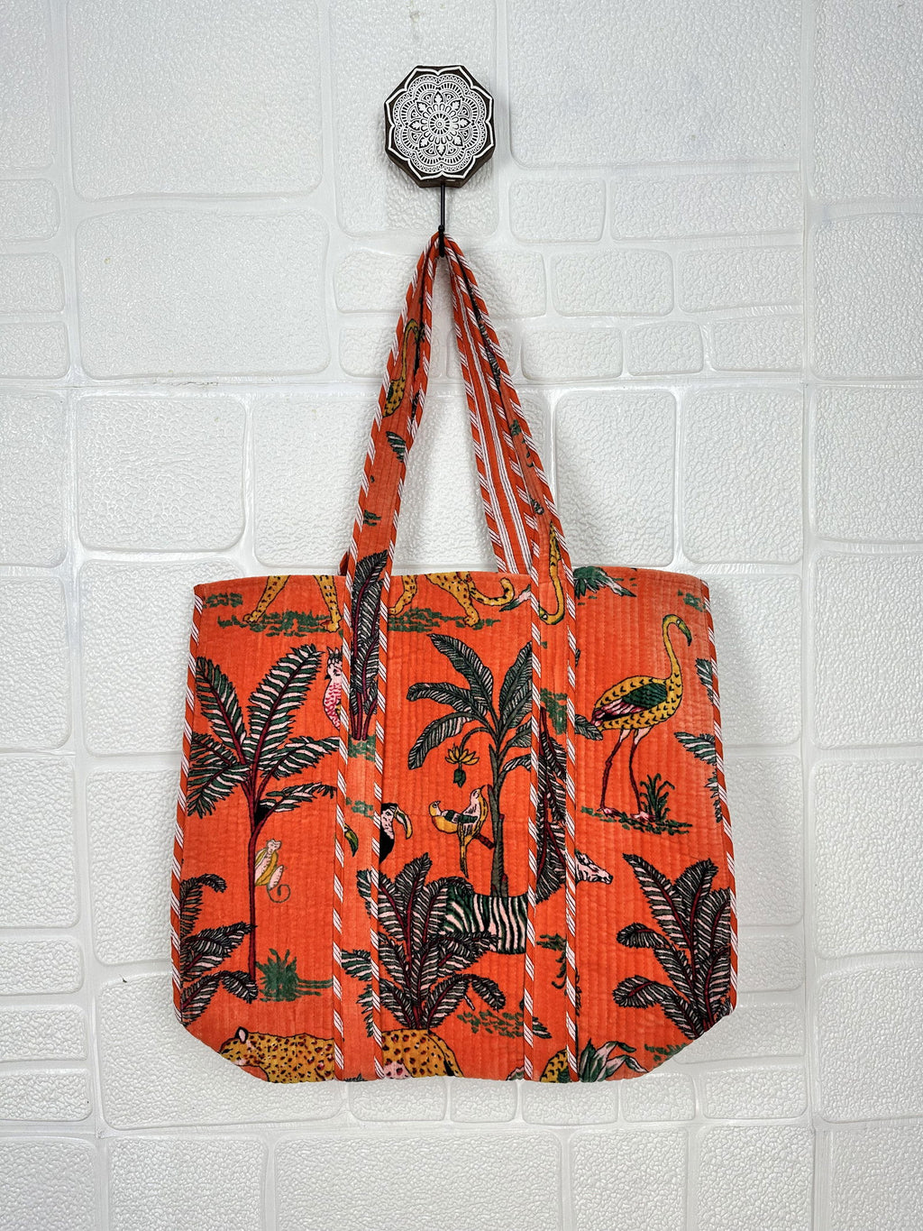 reversible Velvet & Cotton Tote Bag in ochre