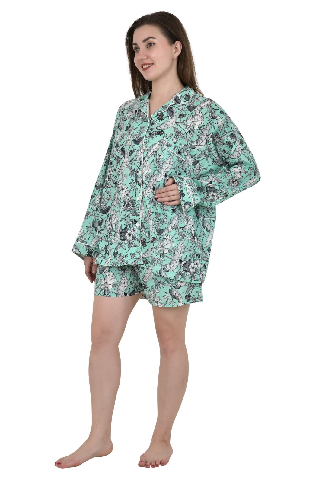 block-printed Cotton Shorts Pajama Set in floral