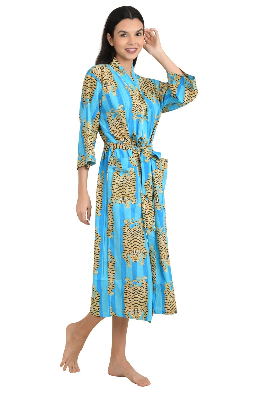 block-printed Cotton Kimono Robe in cheetah