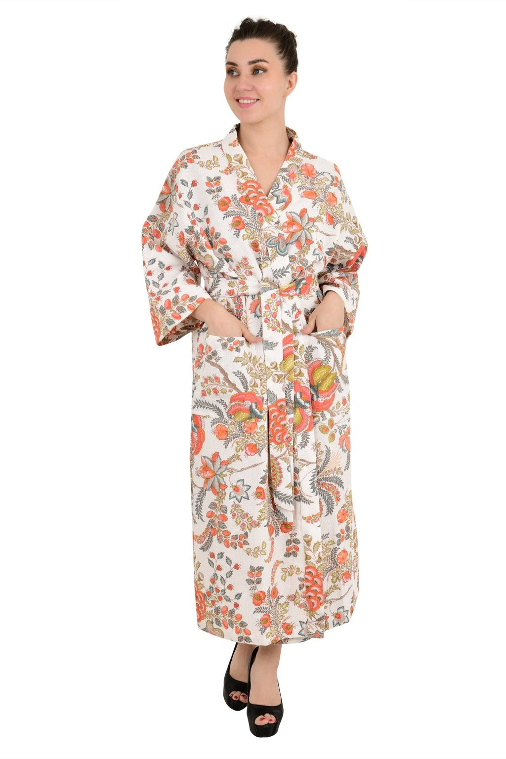 Women's block-printed Cotton Kimono Robe in floral