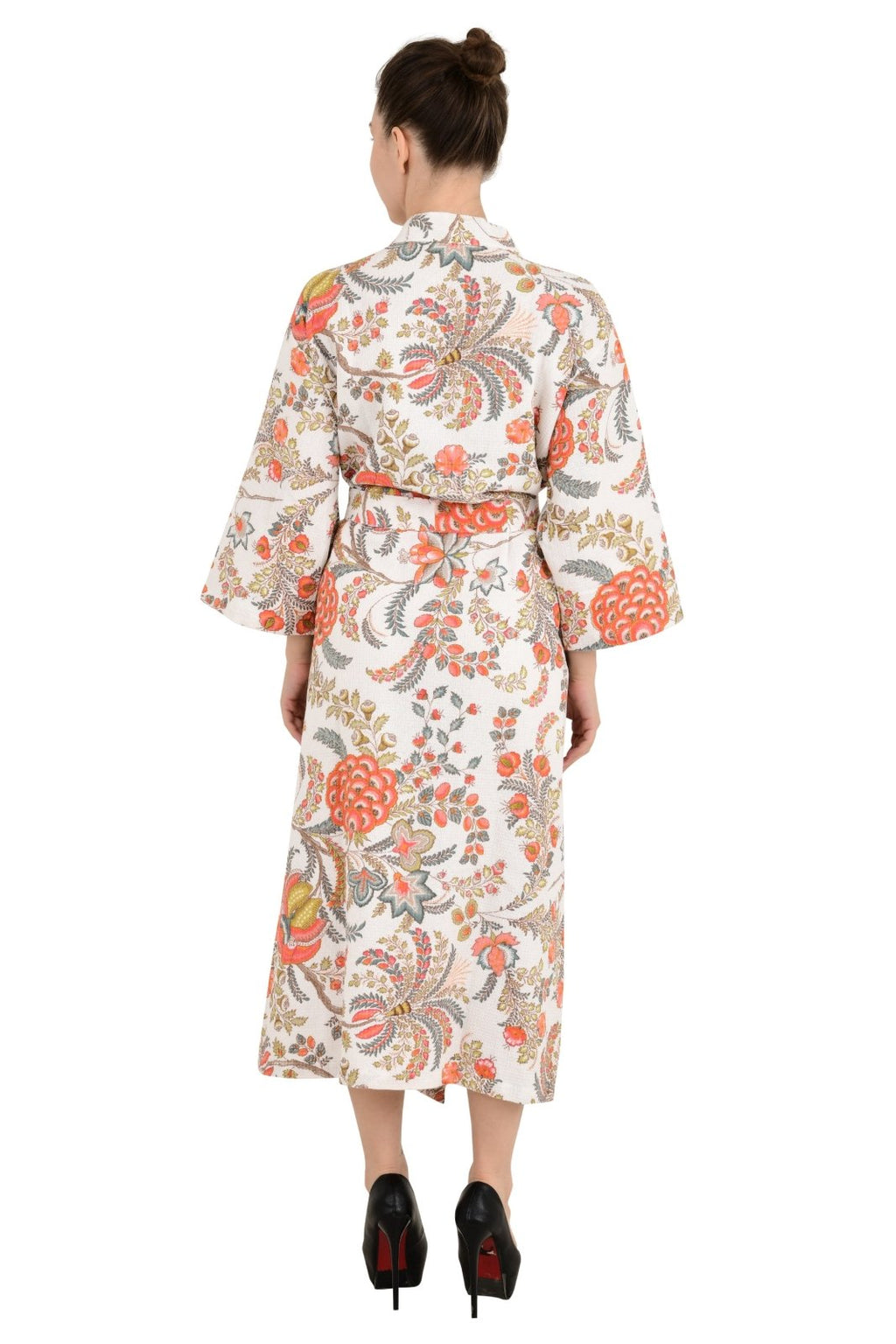 Women's block-printed Cotton Kimono Robe in floral