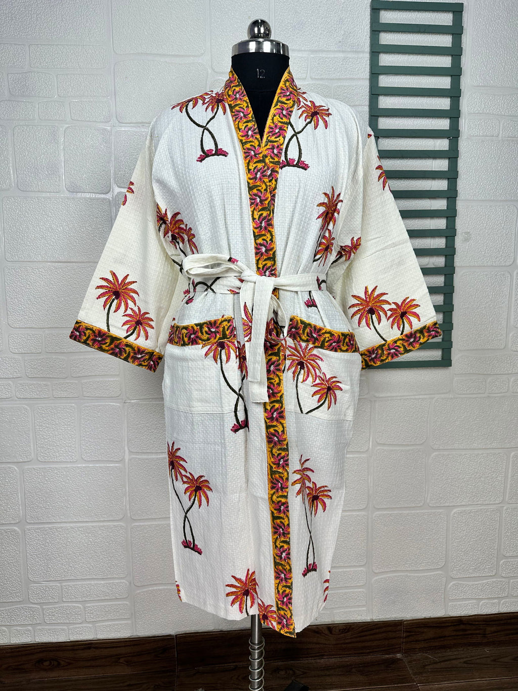 Women's block-printed Cotton Kimono Robe in floral